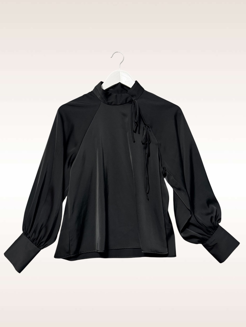 Zara Black Satin Tie-Neck Blouse Size XS Balloon Sleeves Asian Dressy High Neck